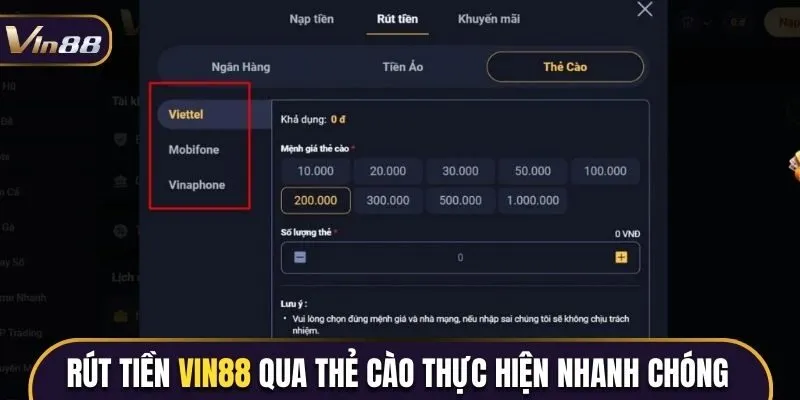 Quy trình rút tiền Vin88 qua thẻ cào được thực hiện nhanh chóng